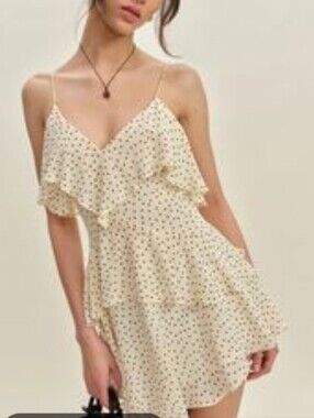 Japan women's fit and flare, spaghetti, strap dress, Tan with‎ black polkadots S